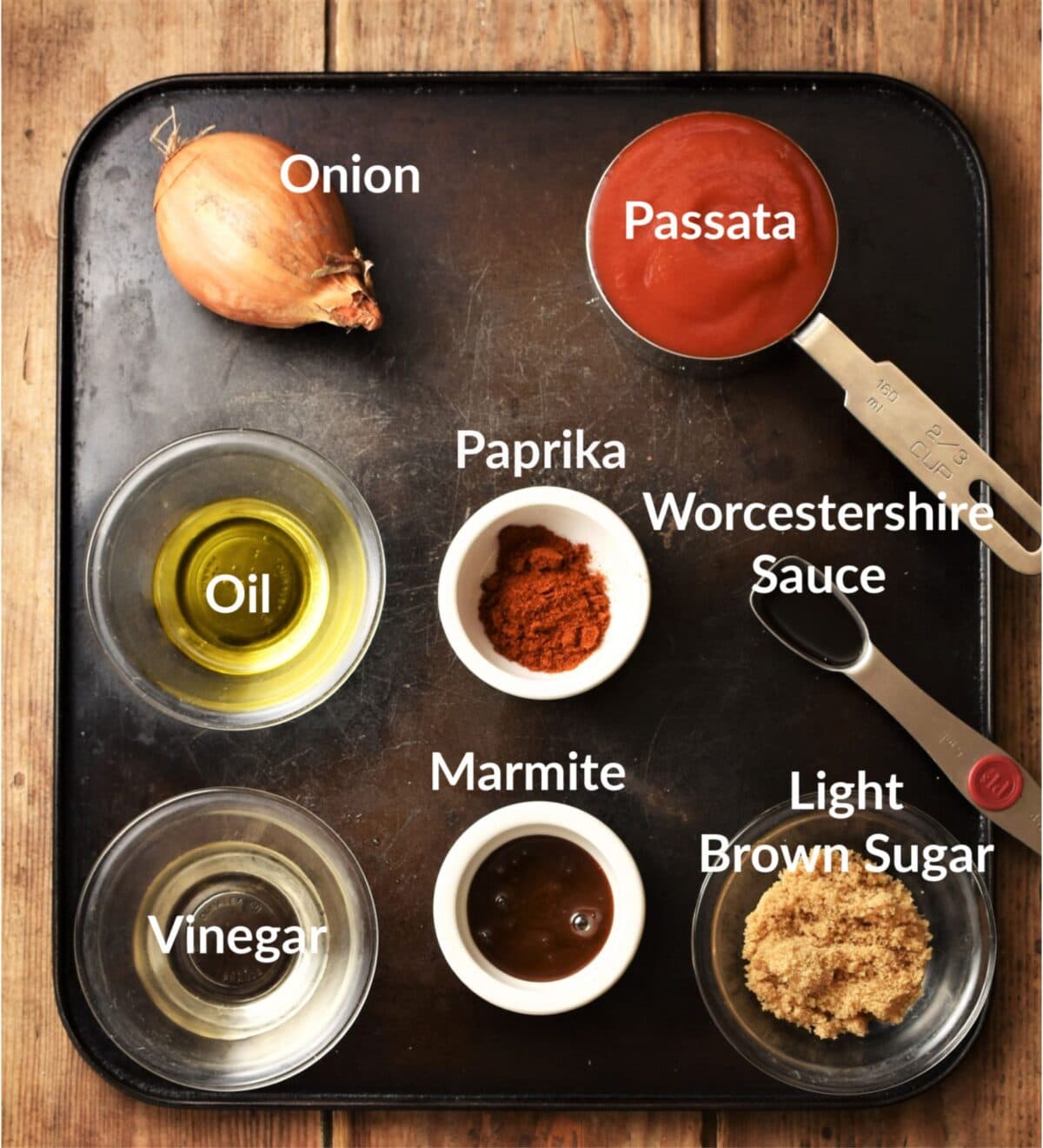Healthy bbq sauce ingredients in individual dishes.