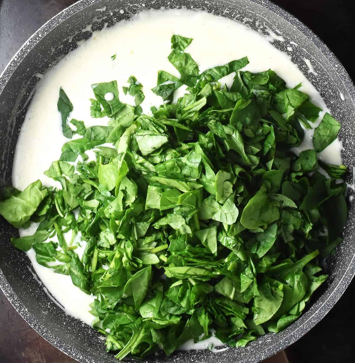 Chopped spinach on top of creamy sauce in large pan.