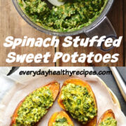 Spinach puree in blender and stuffed sweet potatoes on top of parchment.