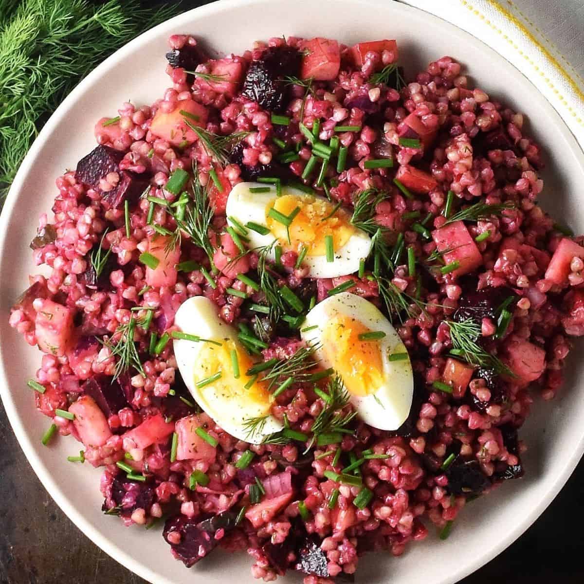 Top down view of pink coloured buckwheat salad on pink plate with dill in background.