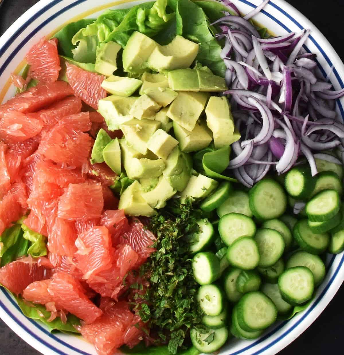 Chopped grapefruit segments with cubed and sliced vegetables in large, white bowl.
