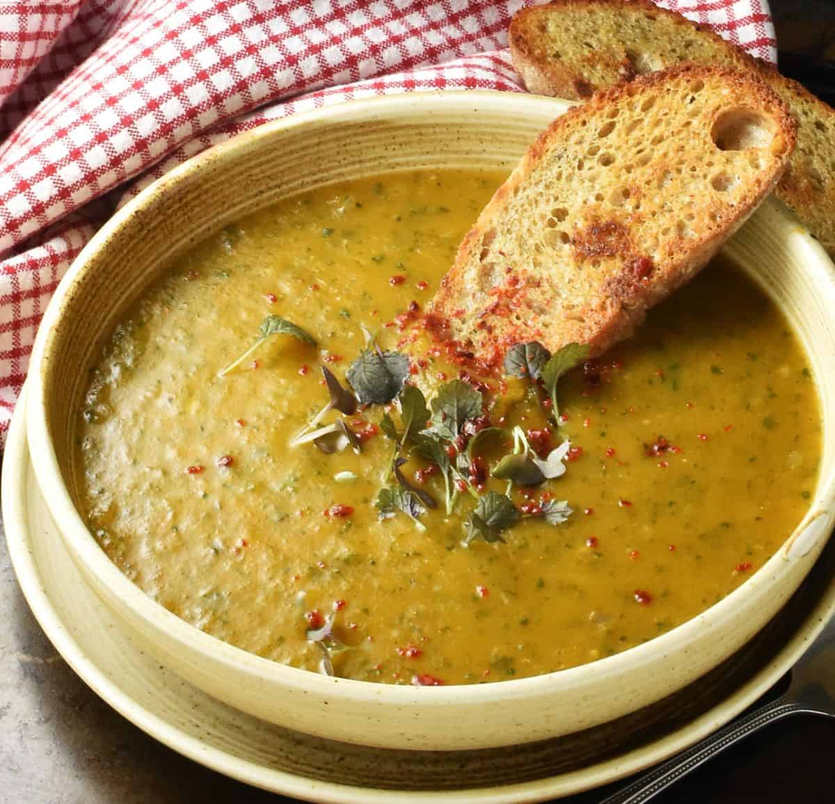 Side view of soup in brown bowl with fresh herbs and toast.