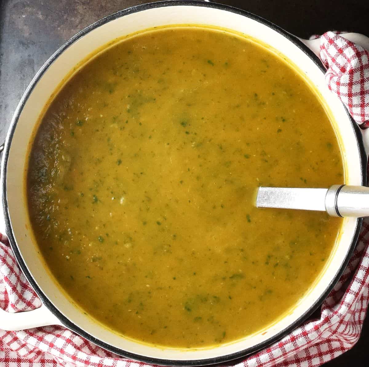 Top down view of creamy soup in white pot with ladle.