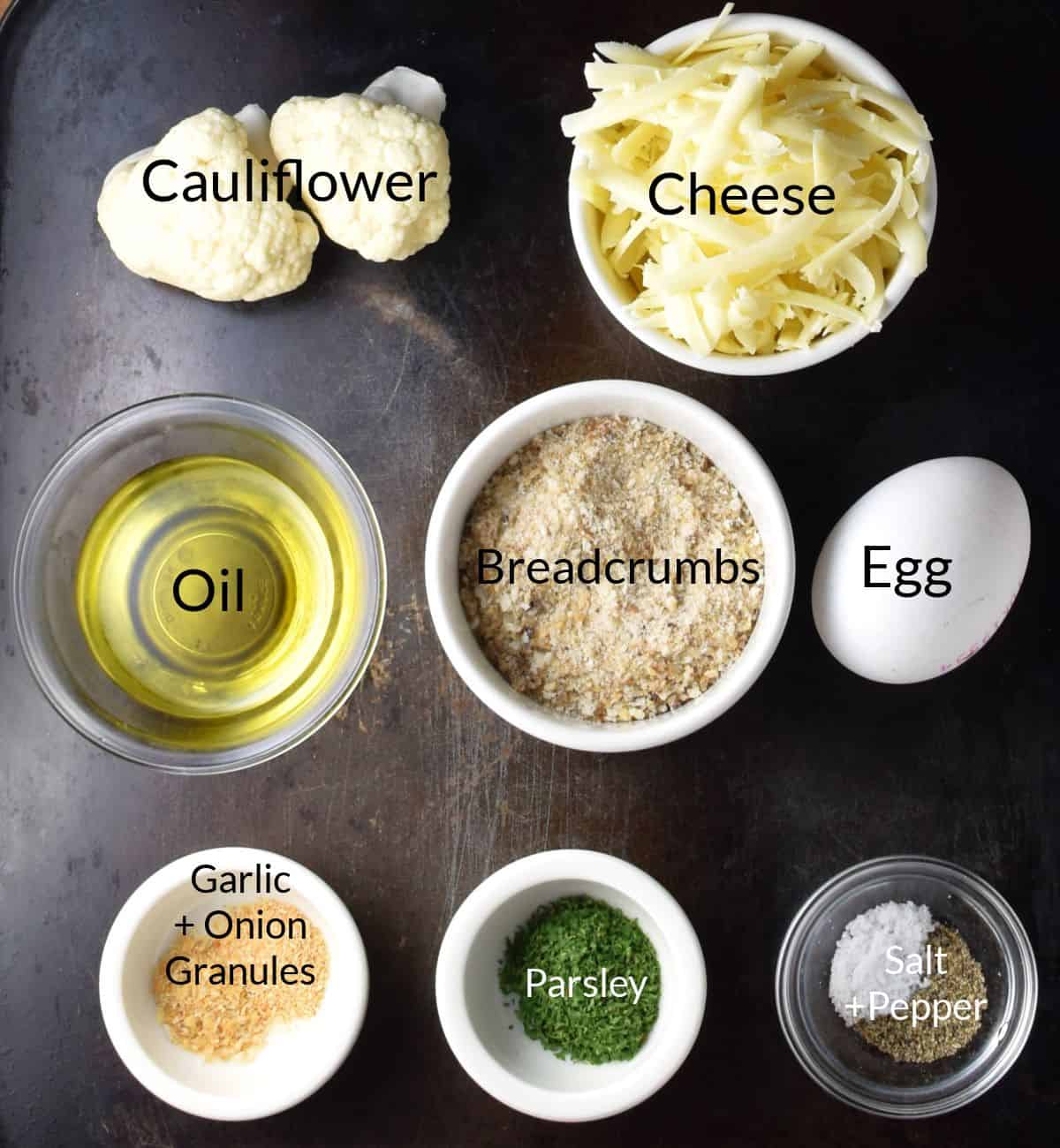 Ingredients for making cauliflower patties in individual dishes.