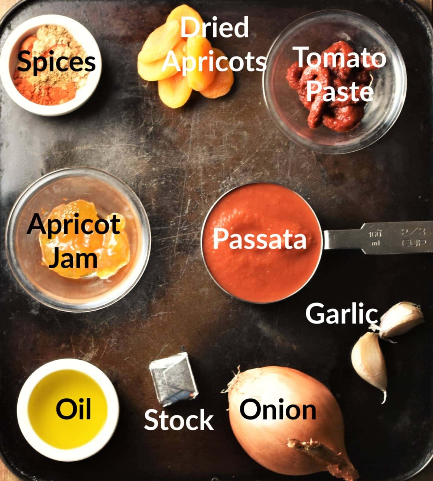 Apricot chicken ingredients in individual dishes.