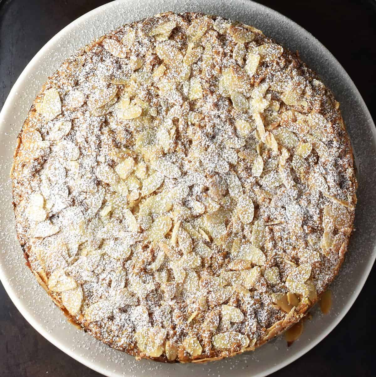 Cake topped with dusting of powdered sugar on large plate.
