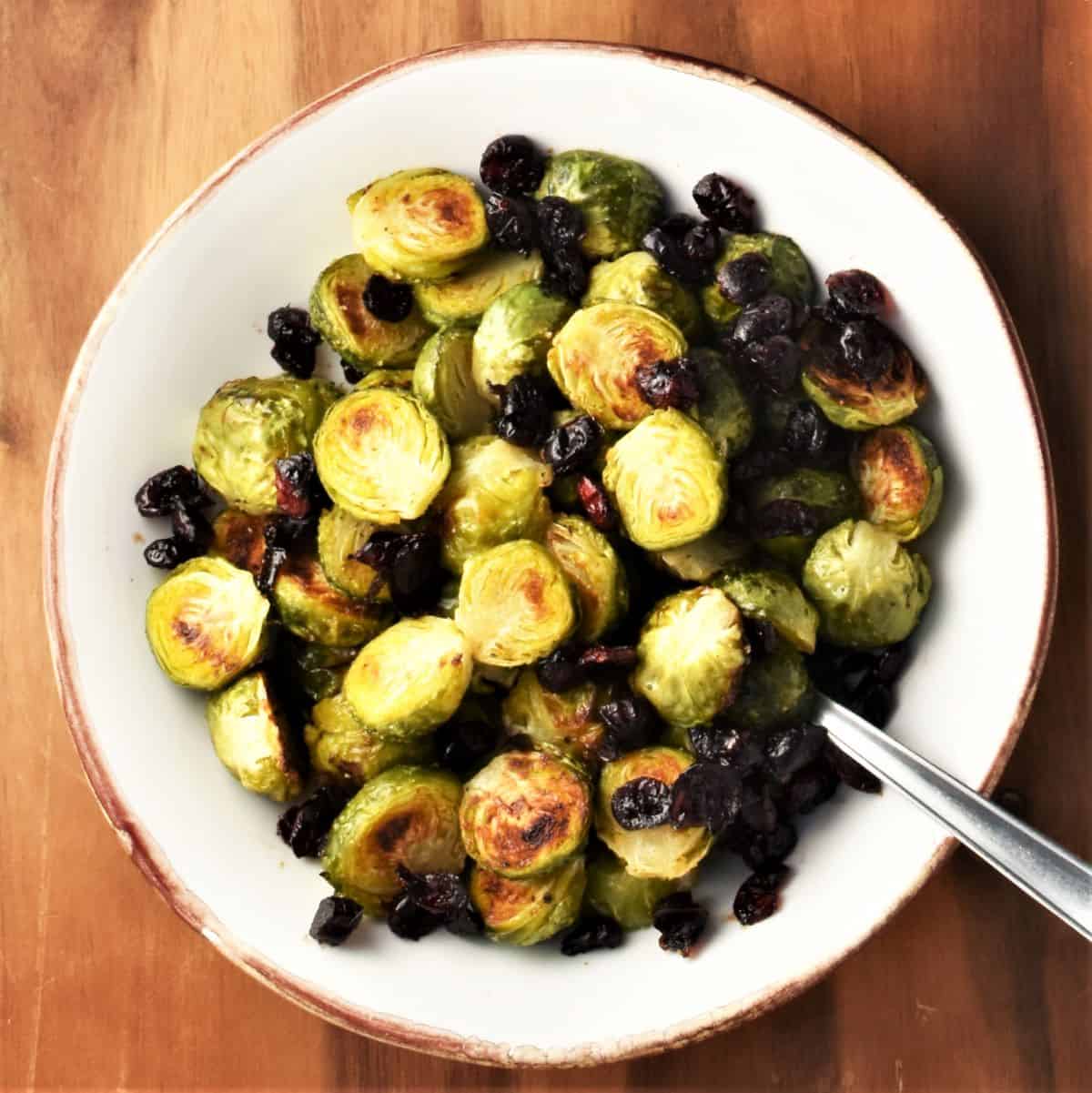 Top down view of roasted brussels sprouts with cranberries in white bowl with spoon.