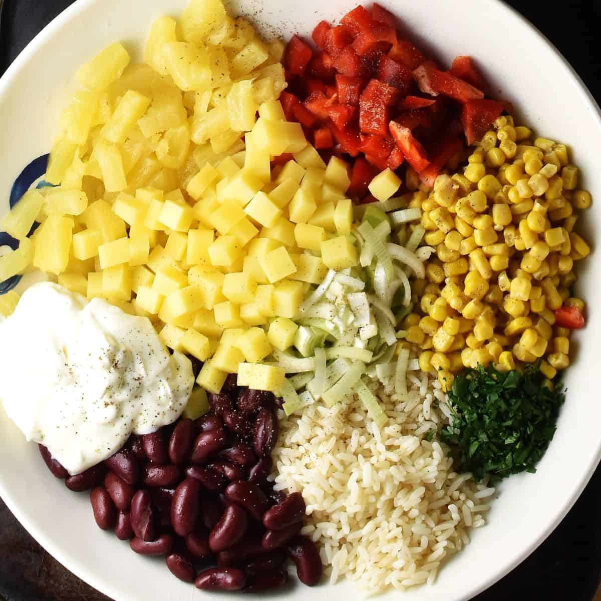 Individual ingredients for salad assembled in shallow, white bowl.