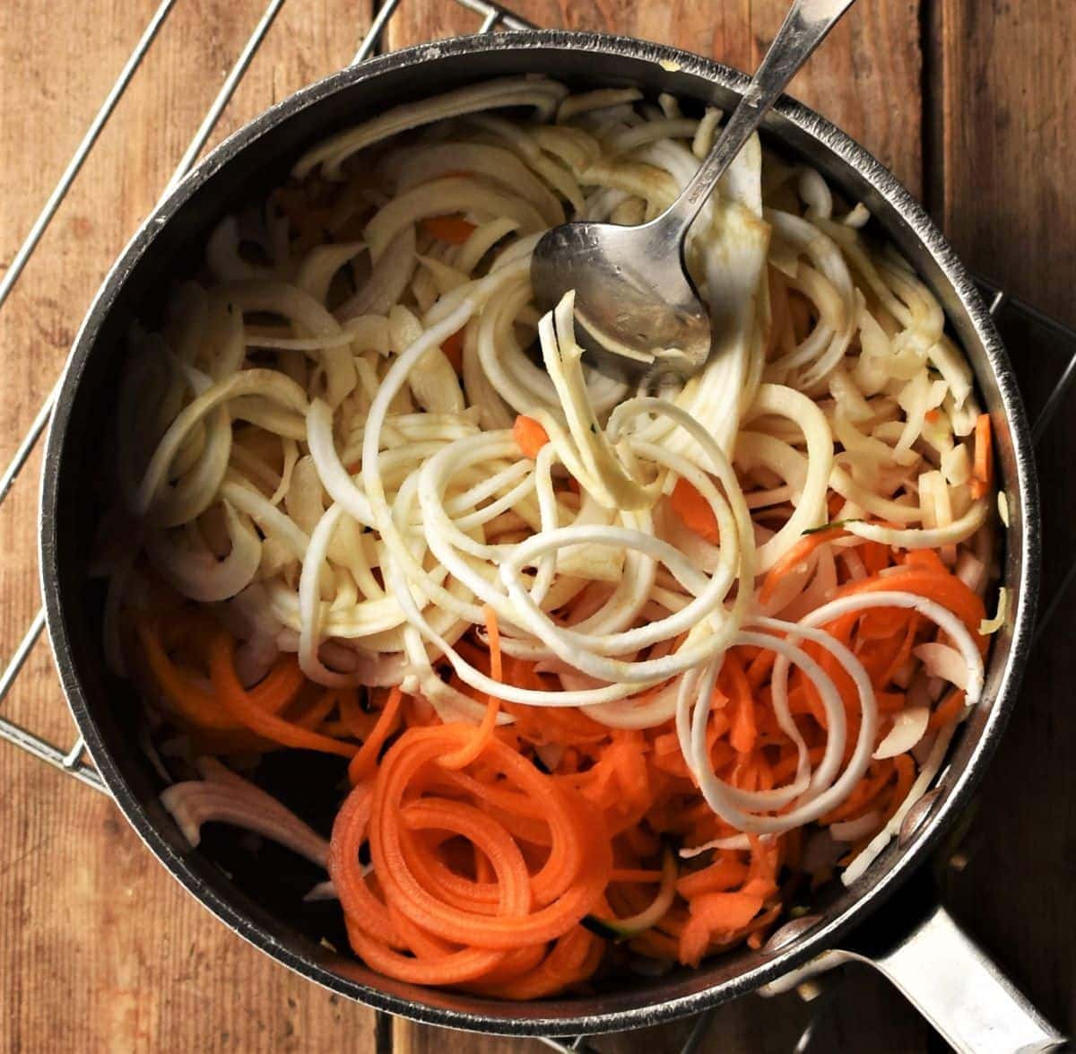 Spiralised vegetables in pot.