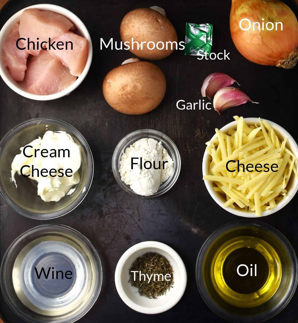 Ingredients for making chicken mushroom casserole in individual dishes.