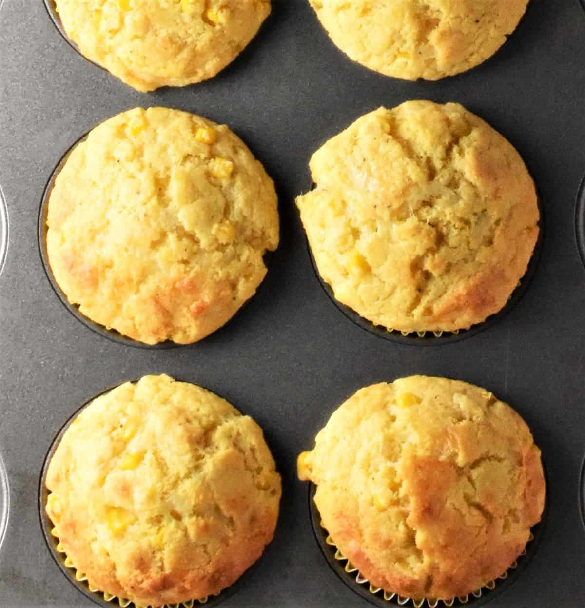 Top down view of 6 cornmeal muffins inside muffin pan.