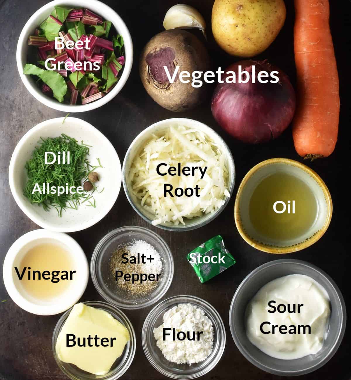 Ingredients for making beet greens soup in individual dishes.