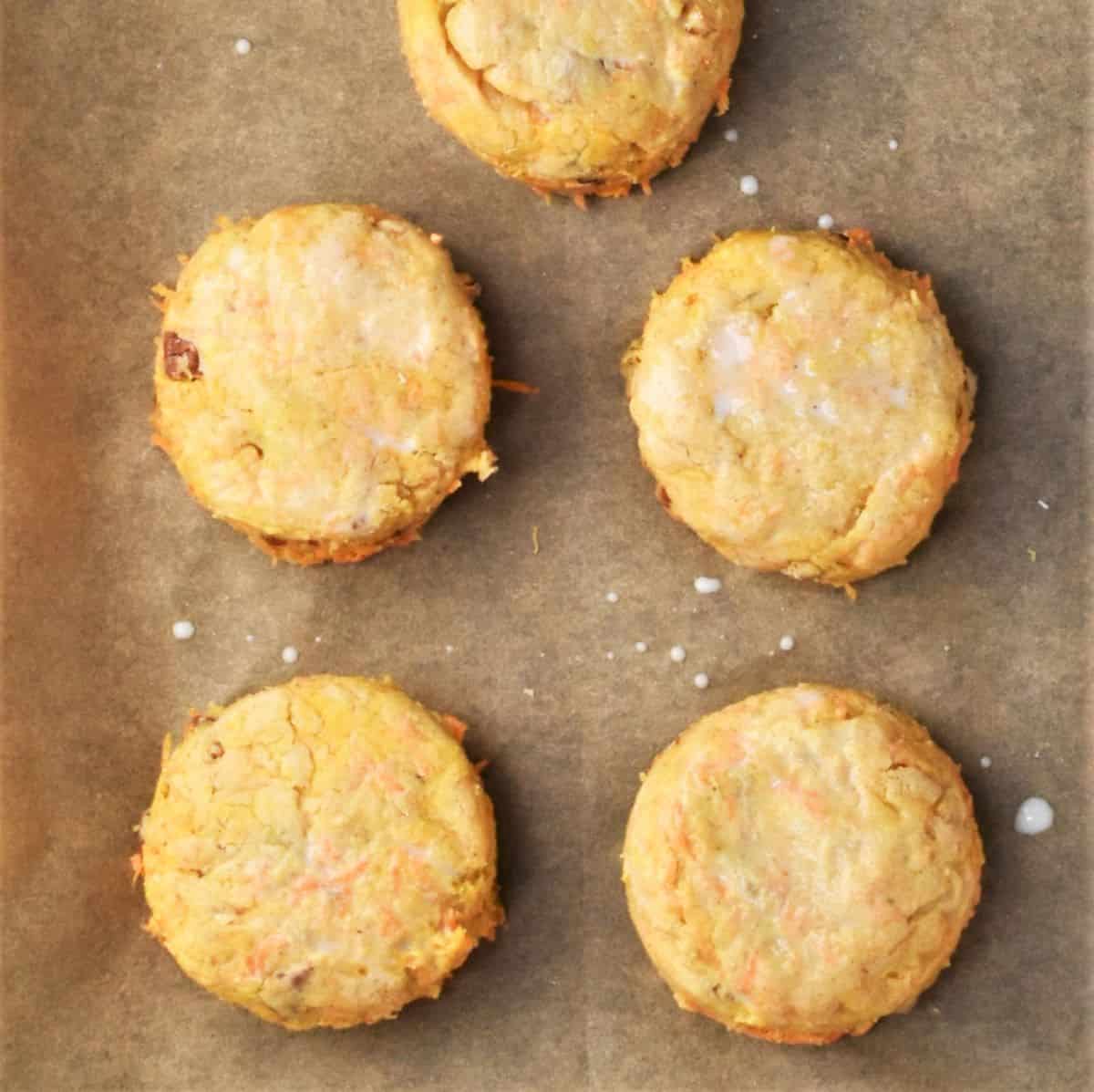 5 scones rounds on top of parchment.