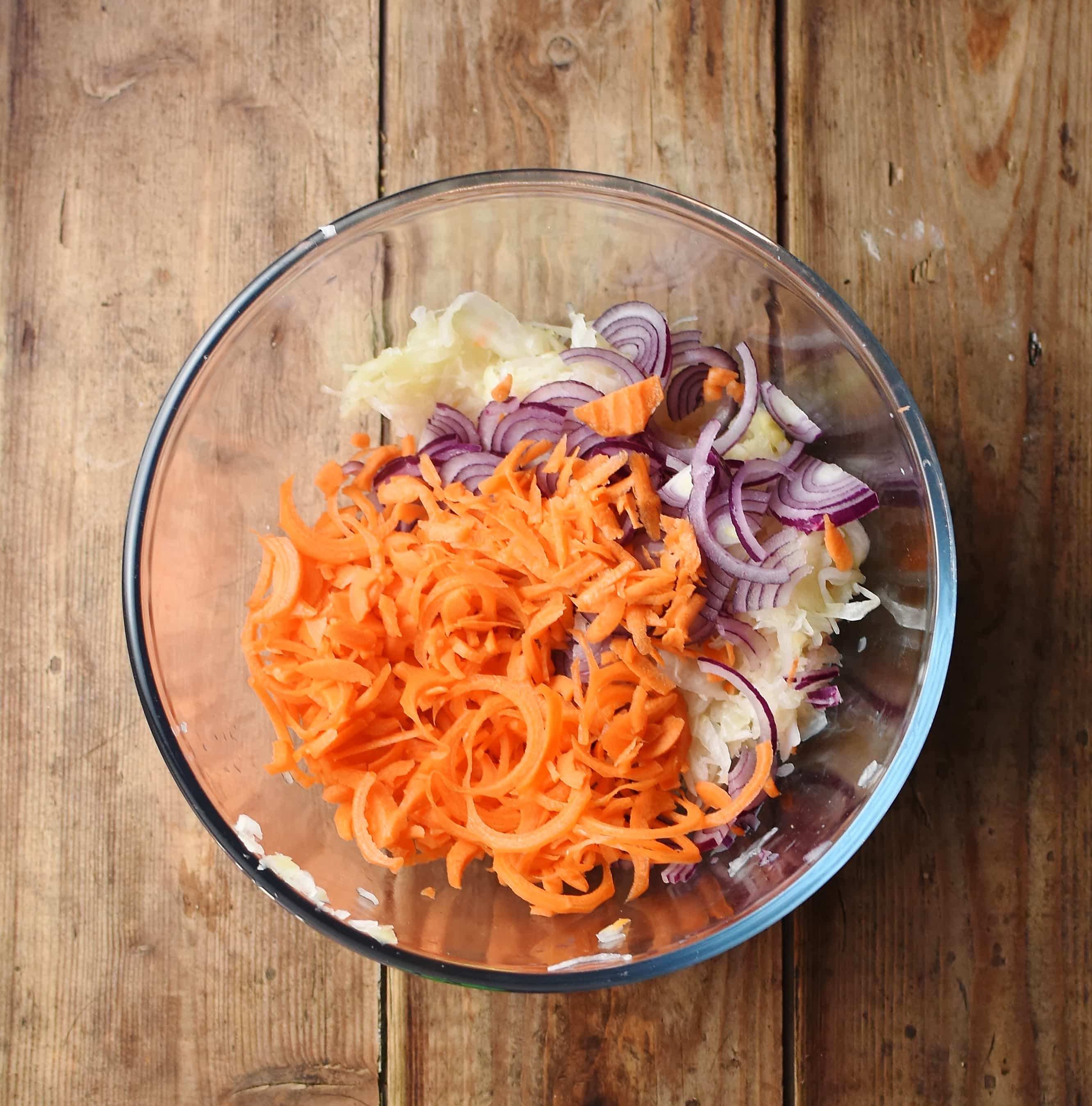 Spiralized carrot, sliced red onion and sauerkraut in mixing bowl.