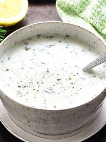 Side view of creamy cottage cheese ranch dressing in speckled bowl with spoon on top of saucer.