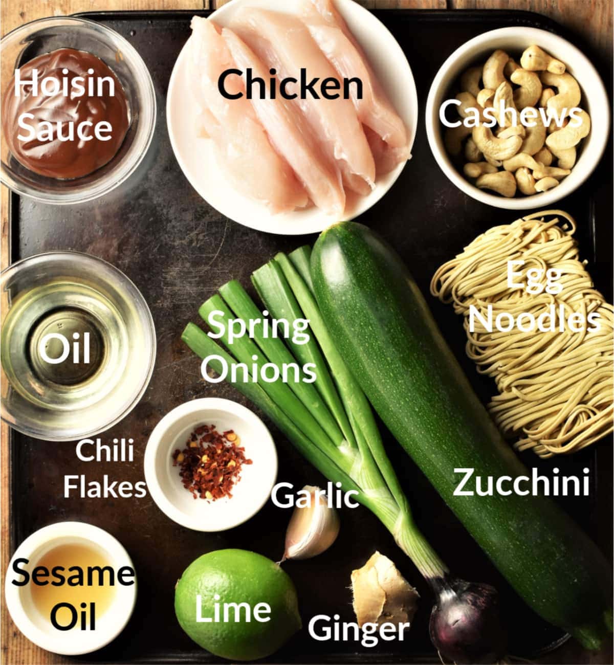 Hoisin chicken stir fry ingredients in individual dishes.
