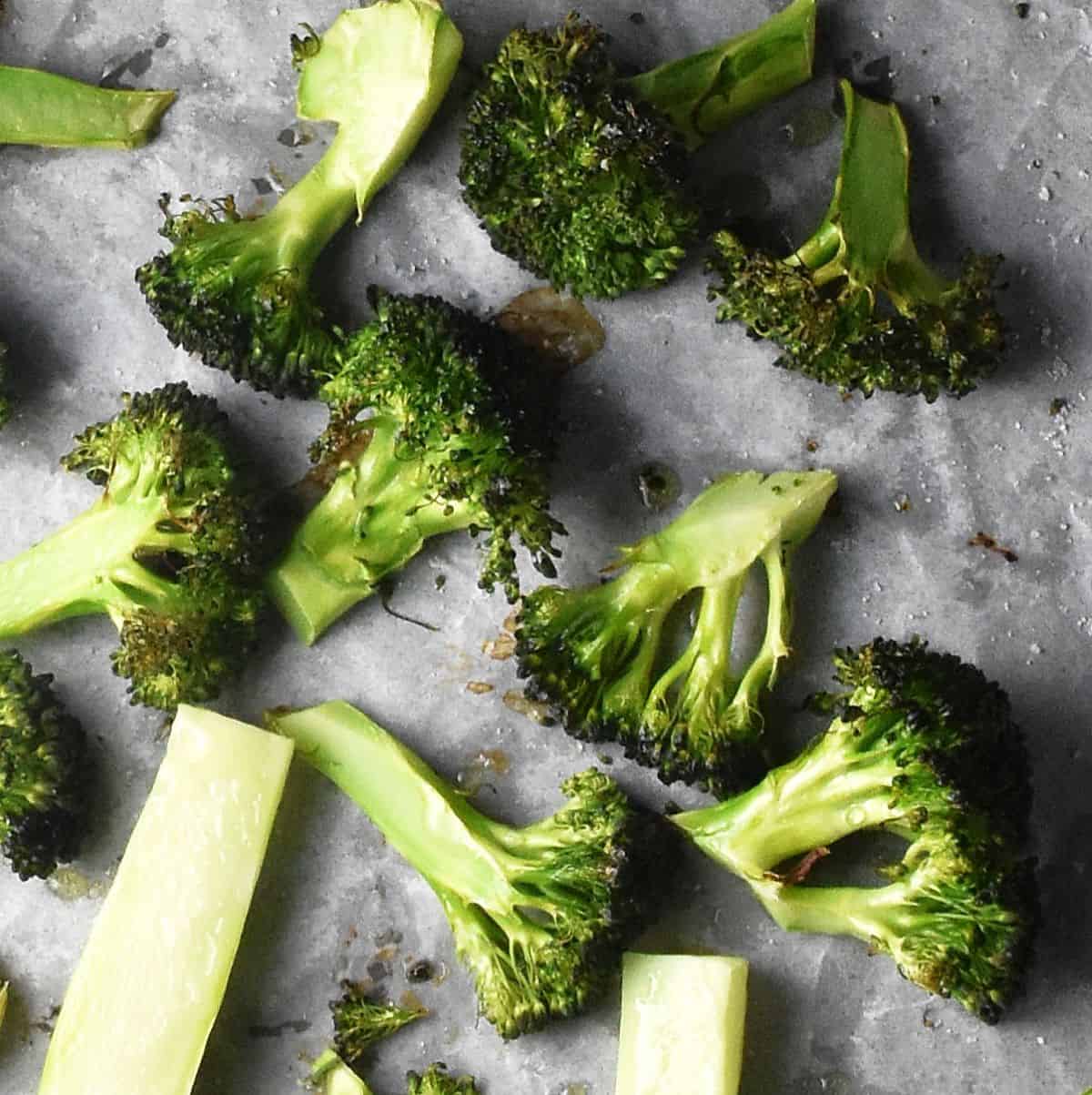 Top down view of roasted pieces of broccoli on top of parchment.