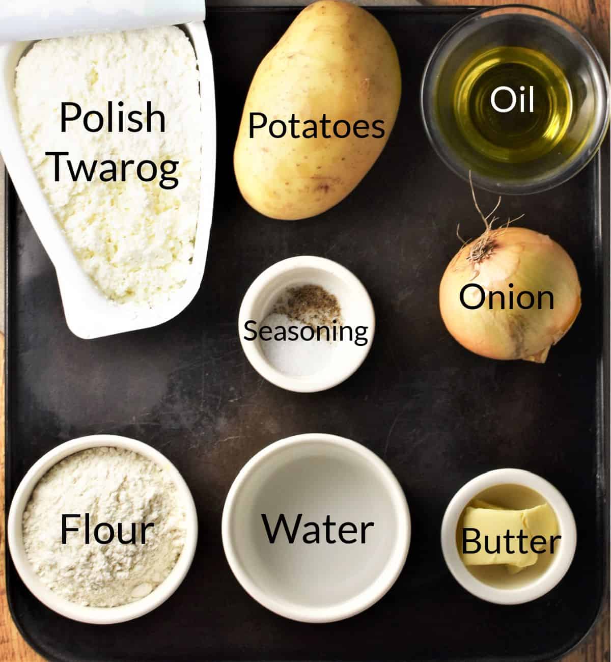Ingredients for making Polish pierogi ruskie in individual dishes.