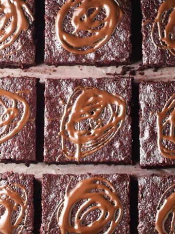 Top down view of beet brownies with chocolate on top.