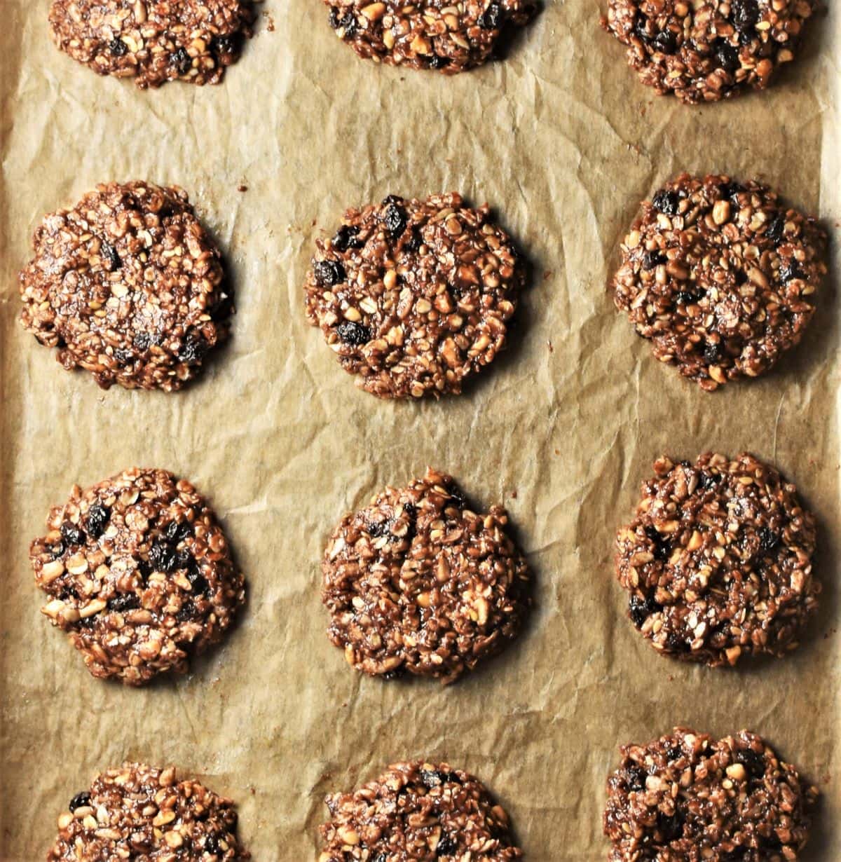 Chocolate oatmeal cookies on top of baking paper.
