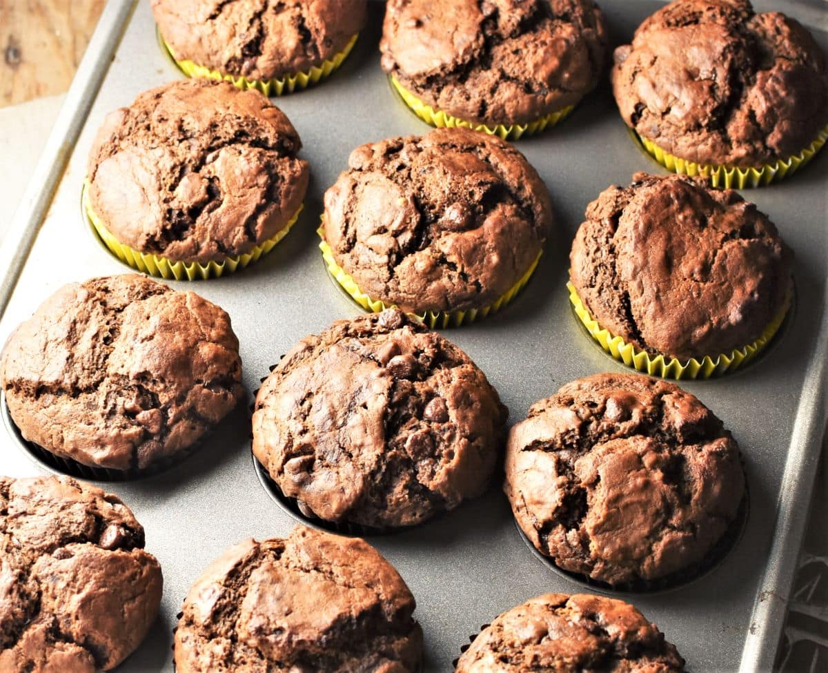 Side view of chocolate muffins in muffin pan.