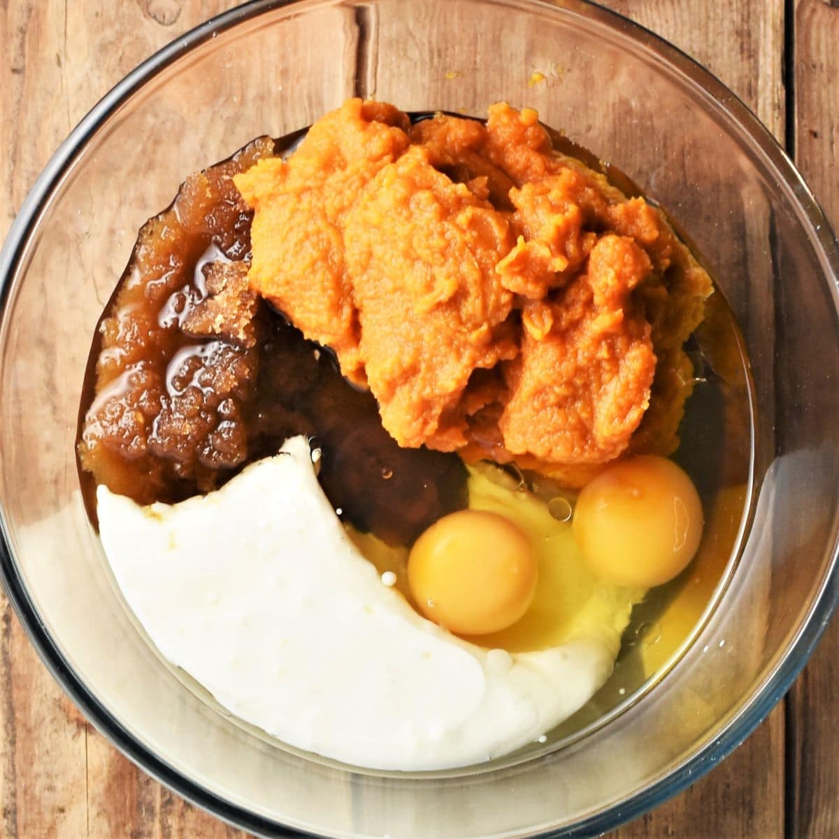 Pumpkin puree, sugar, 2 eggs and buttermilk in mixing bowl.