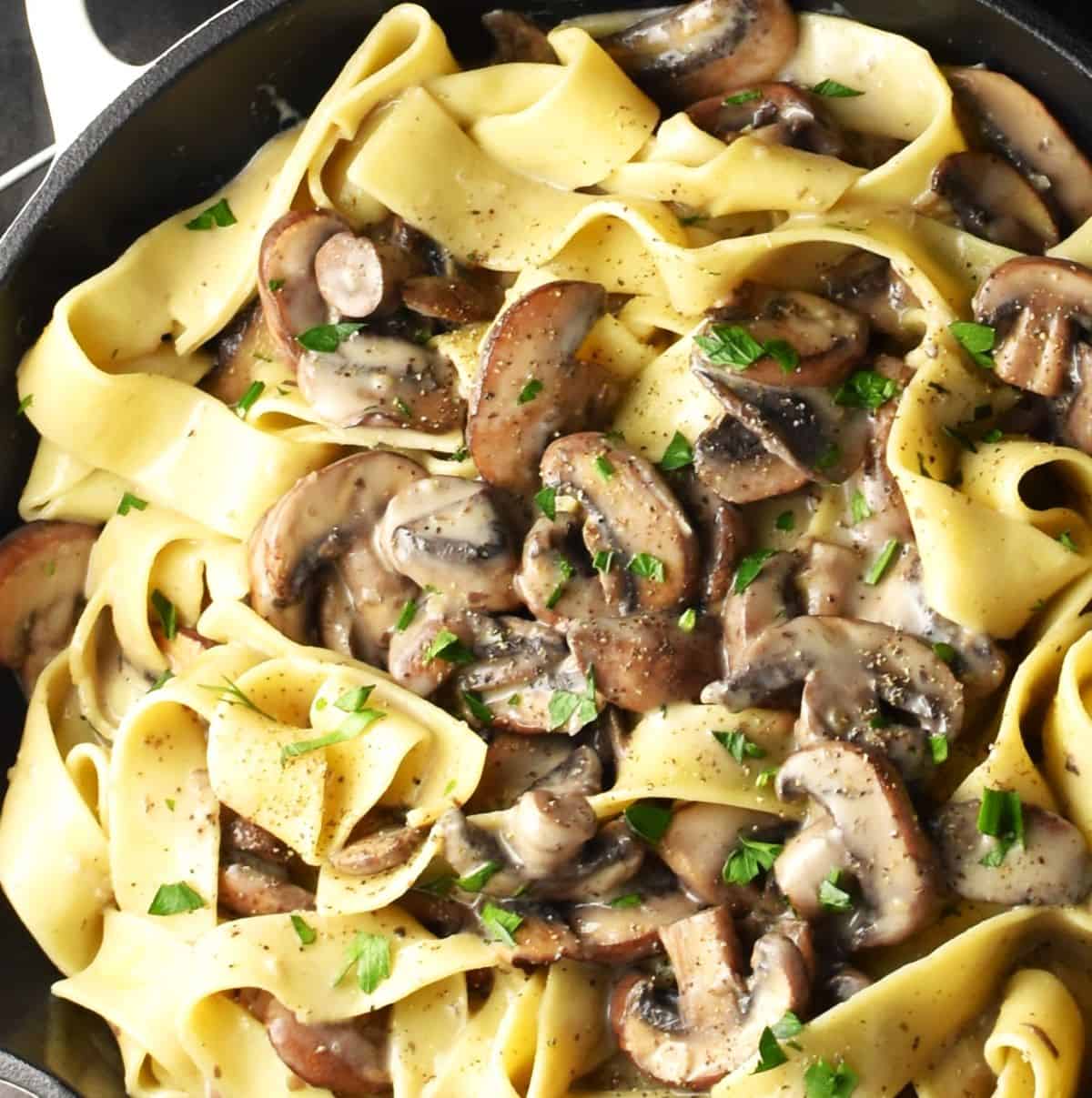 Close-up view of pasta with mushroom sauce in pan.