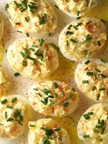 Top down close-up view of potato salad deviled eggs.