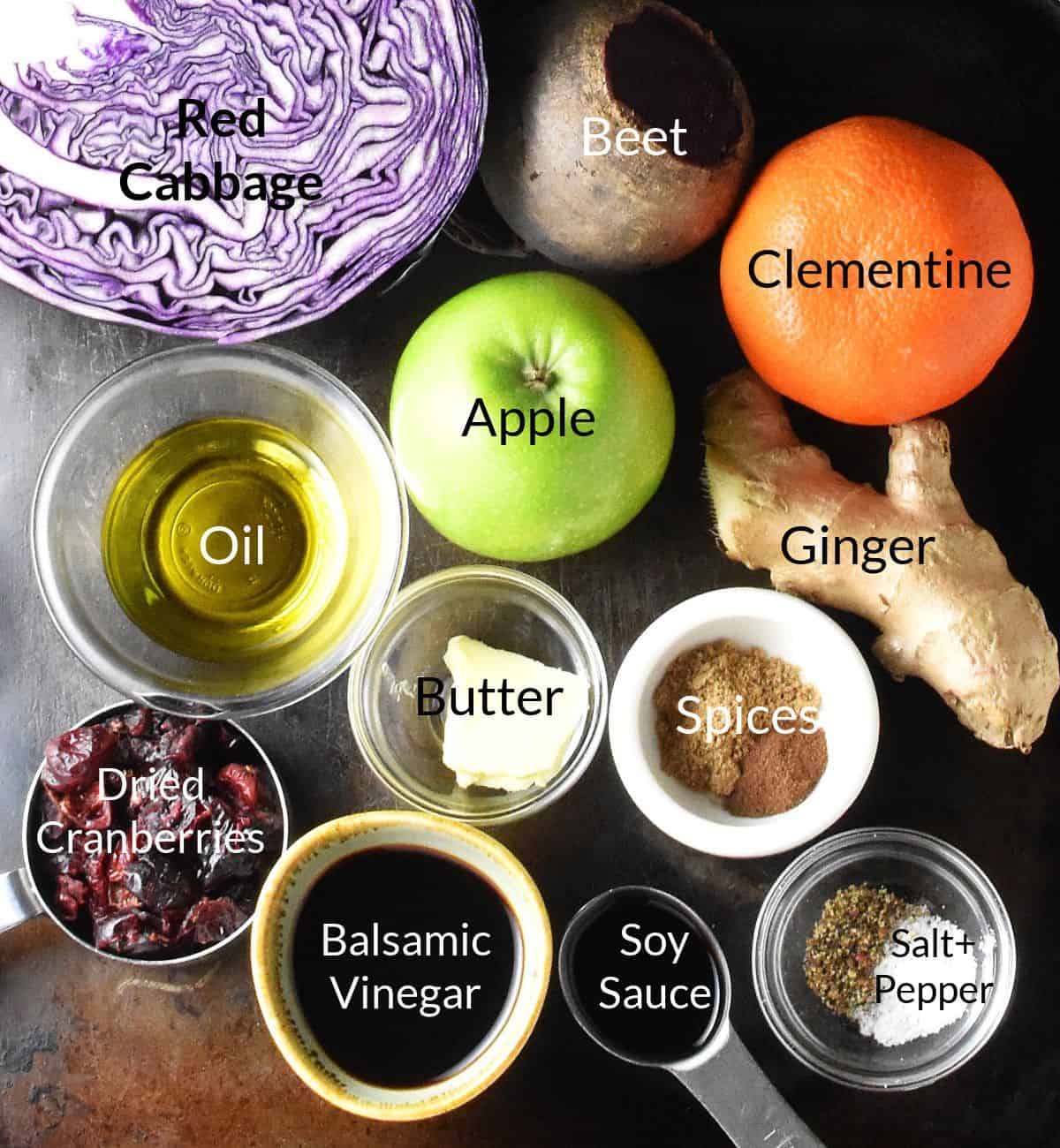 Top down view of ingredients for braised red cabbage in individual dishes.