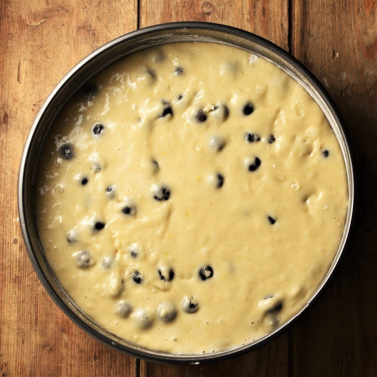 Blueberry cake batter in pan.