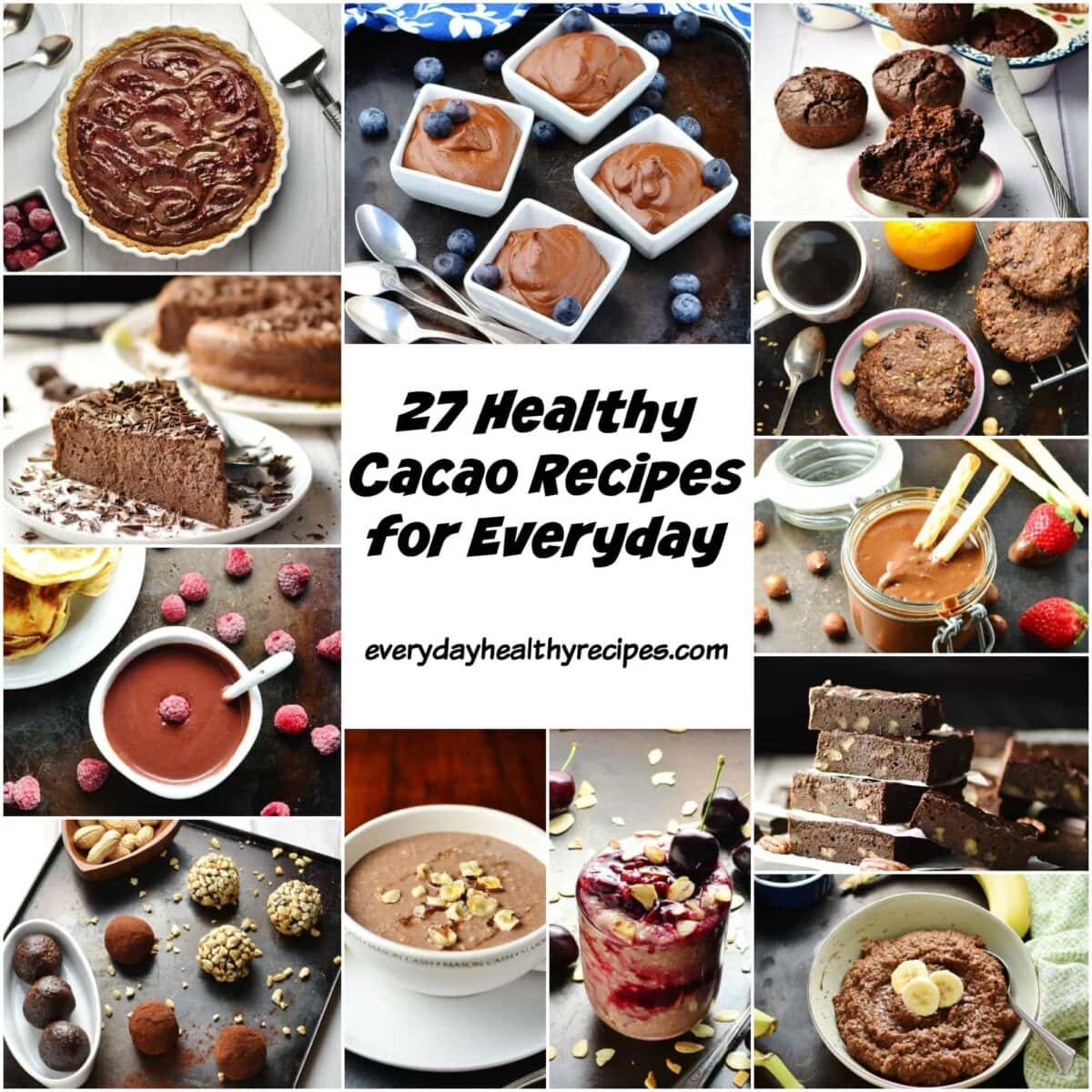 Collage of 12 cacao recipes including muffins, energy balls, porridge, overnight oats, cake and mousse.