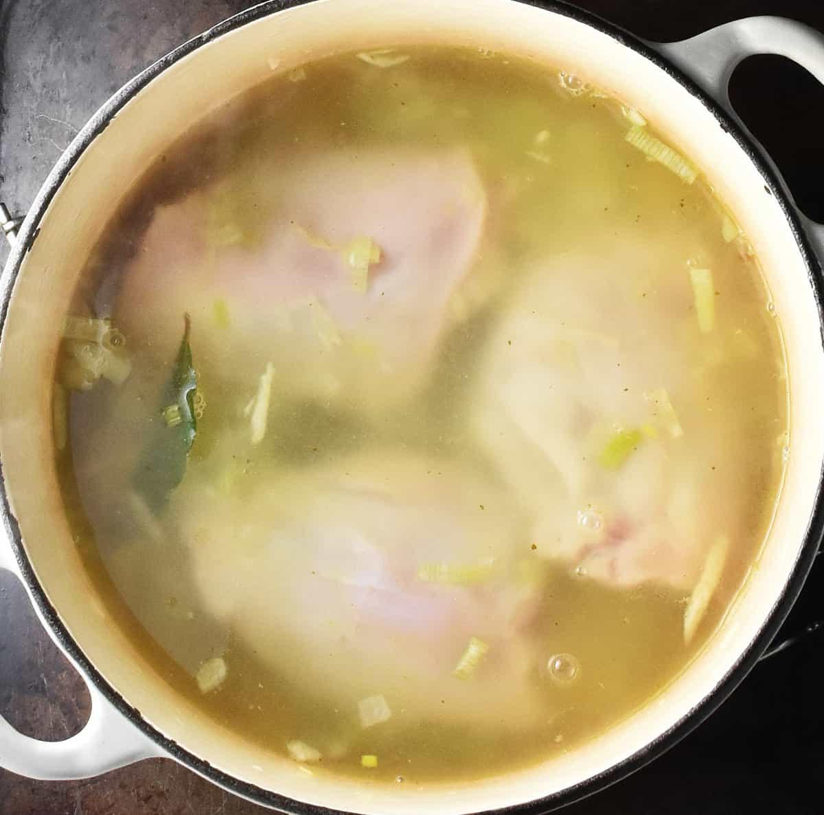 Top down view of 2 chicken thighs in broth in large, white pot.