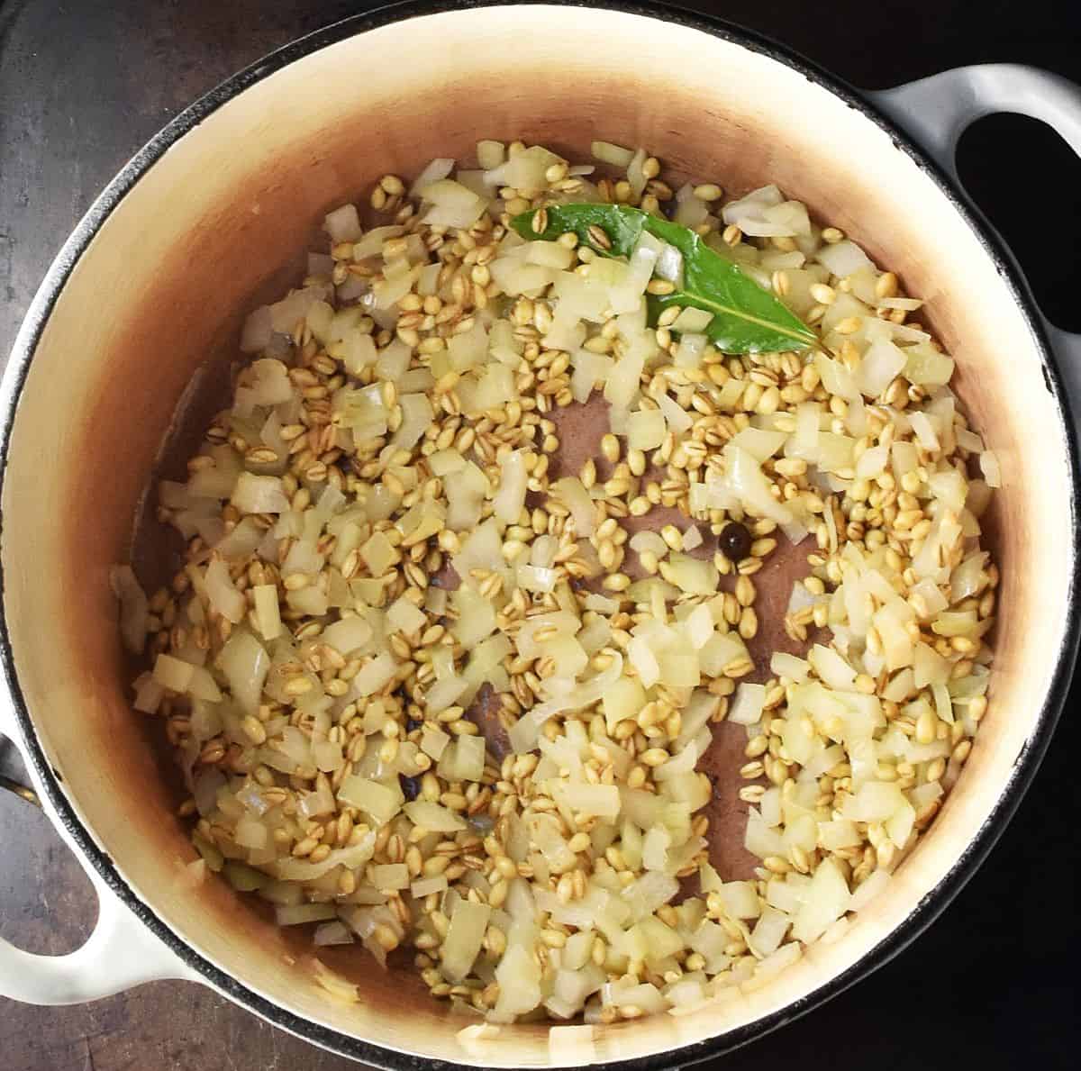Top down view of onion and barley in white pot.