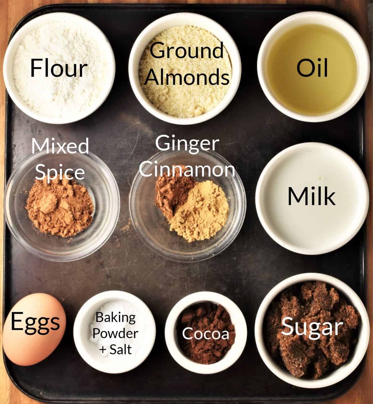 Ingredients for making gingerbread muffins in individual dishes.