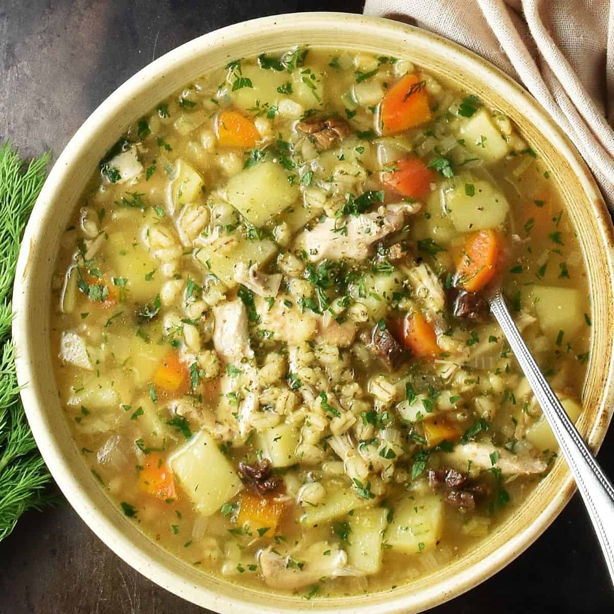 Top down view of Polish barley krupnik soup in brown bowl with spoon.