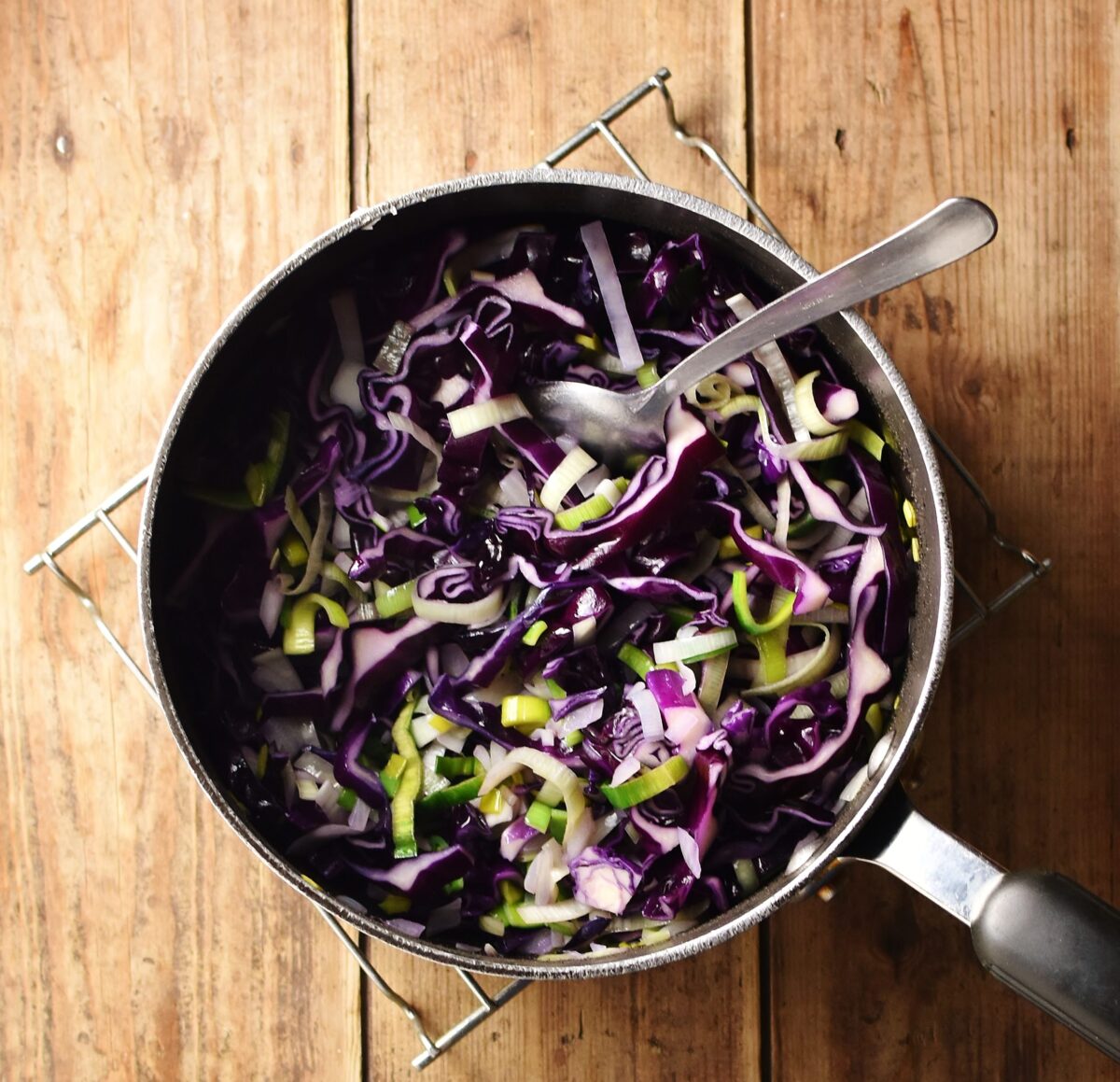 Chopped red cabbage and leek in large pot with spoon on rack.