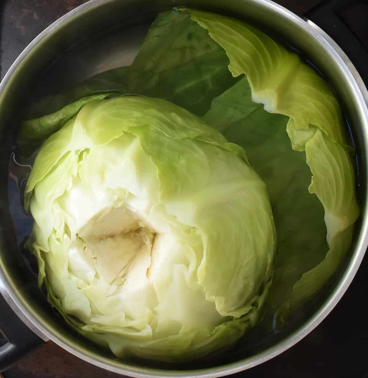Cabbage cooking in large pot of water.