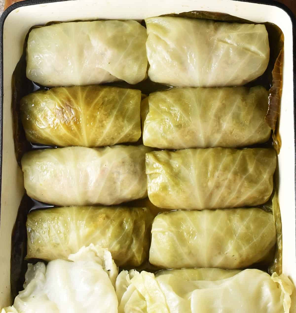 Cooked stuffed cabbage rolls in white, rectangular dish.