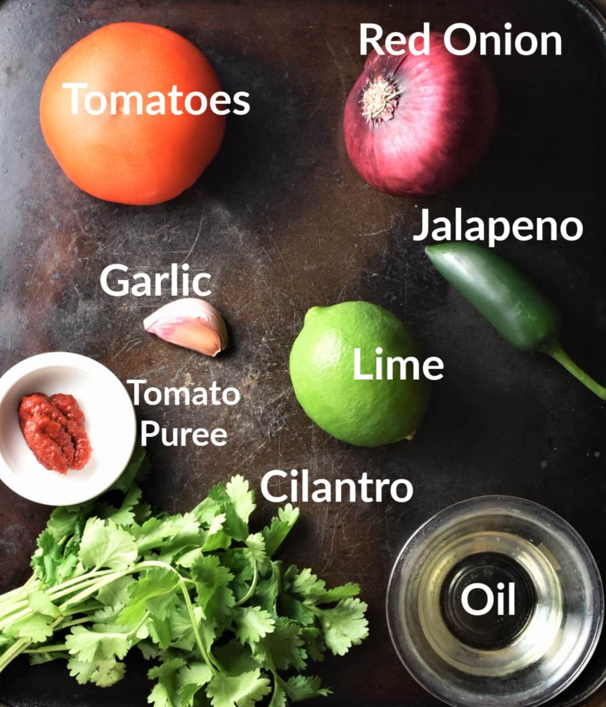 Tomato salsa ingredients against black background.