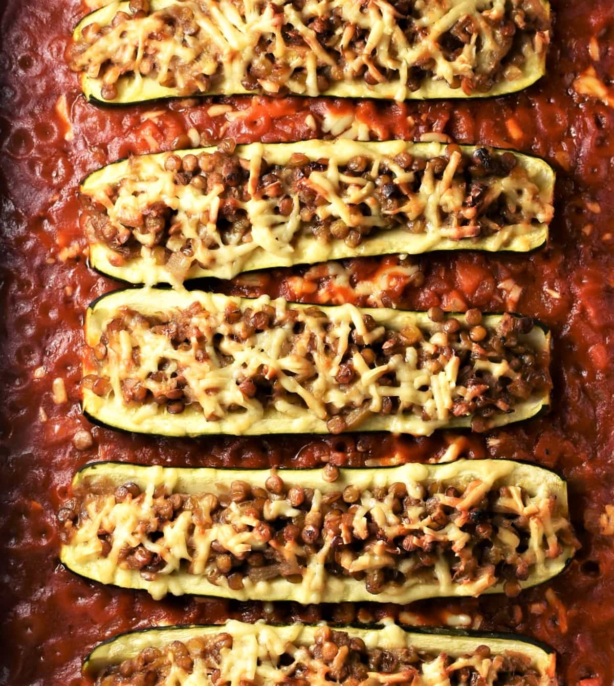 Baked vegetarian lentil stuffed zucchini in tomato sauce.