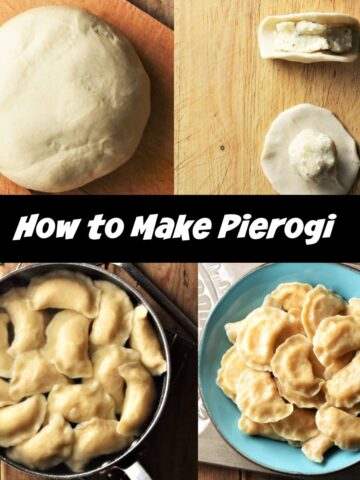 Top down view of dough and pierogi in pot and in blue bowl.