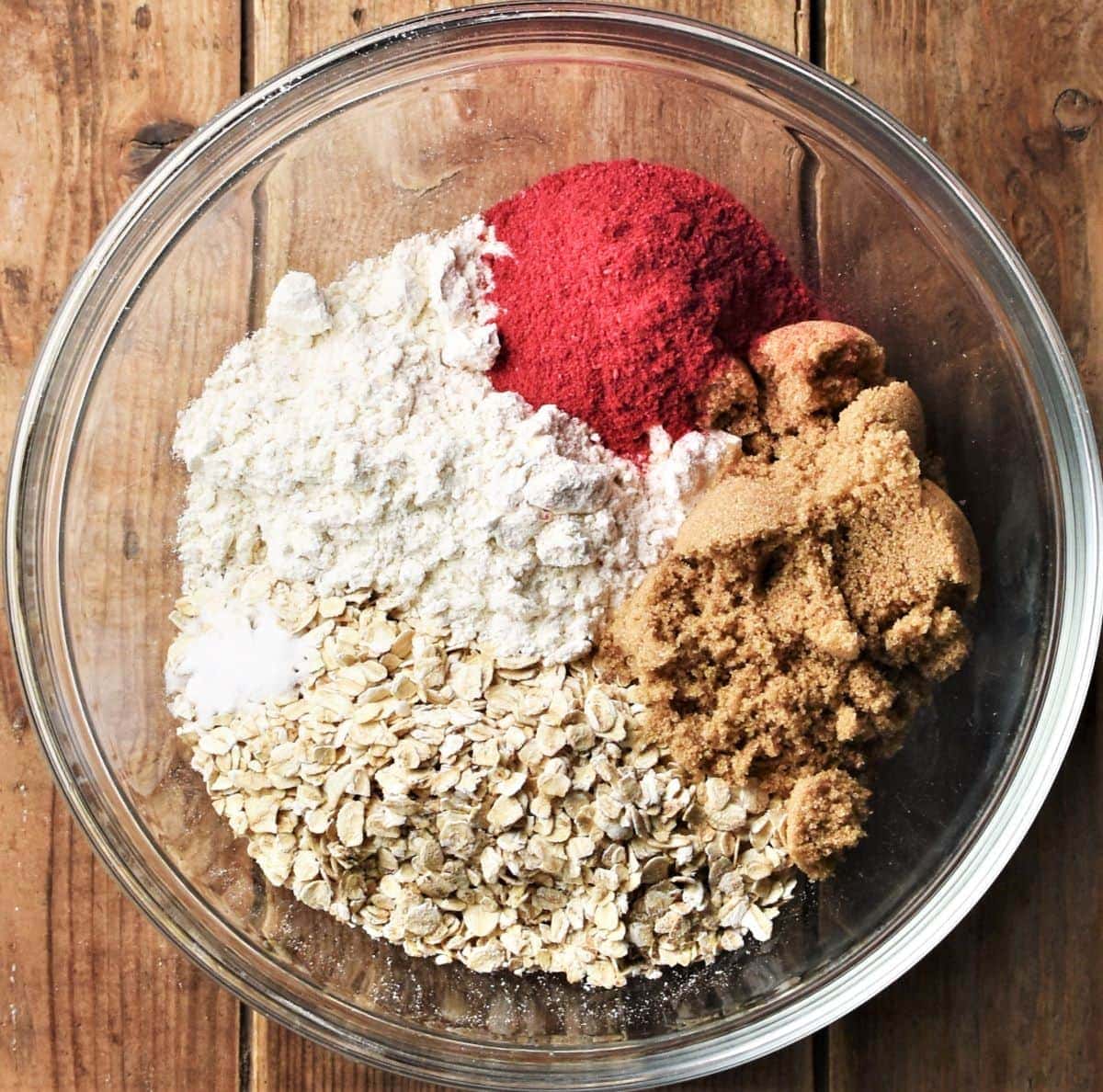 Oats, flour, sugar and raspberry powder in mixing bowl.