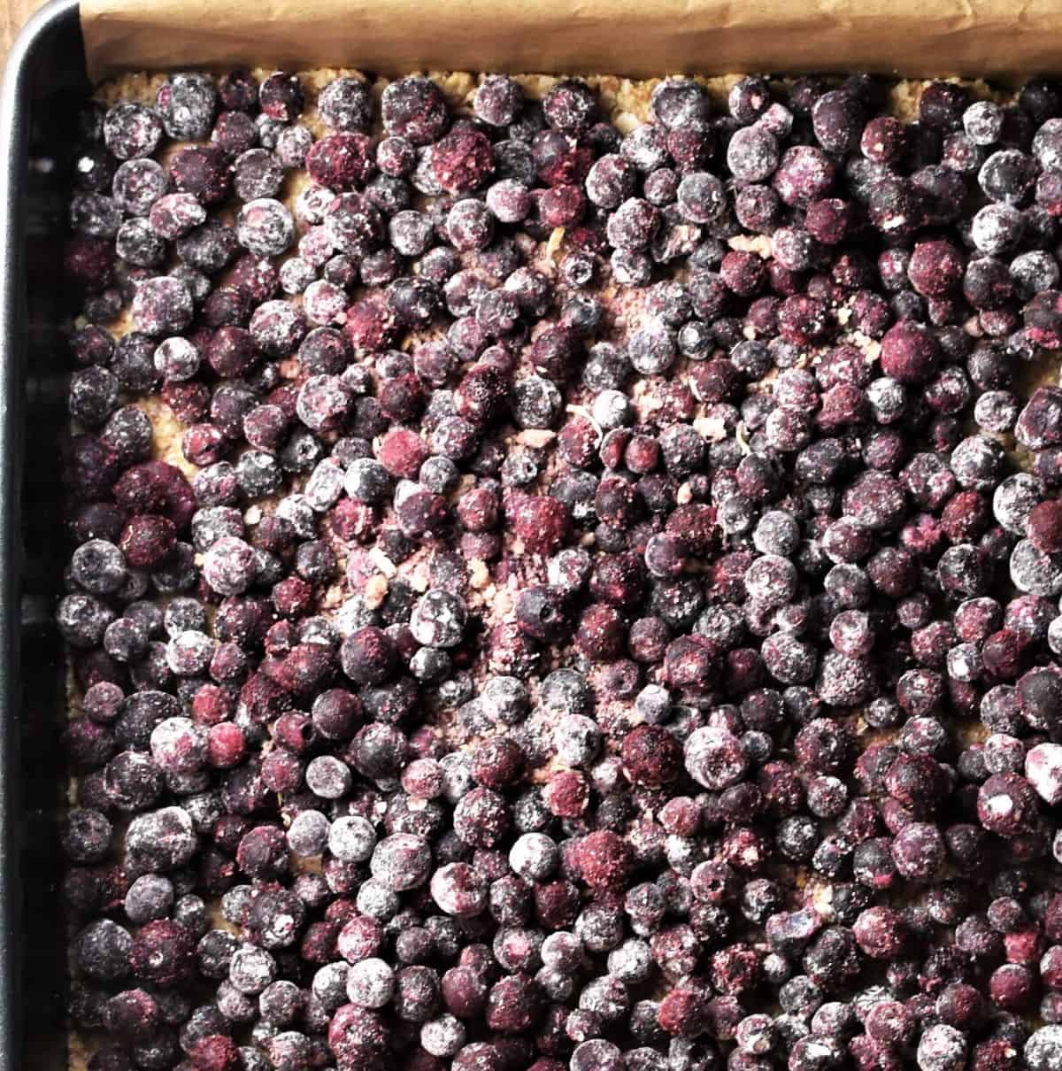 Layer of blueberry mixture spread in pan.
