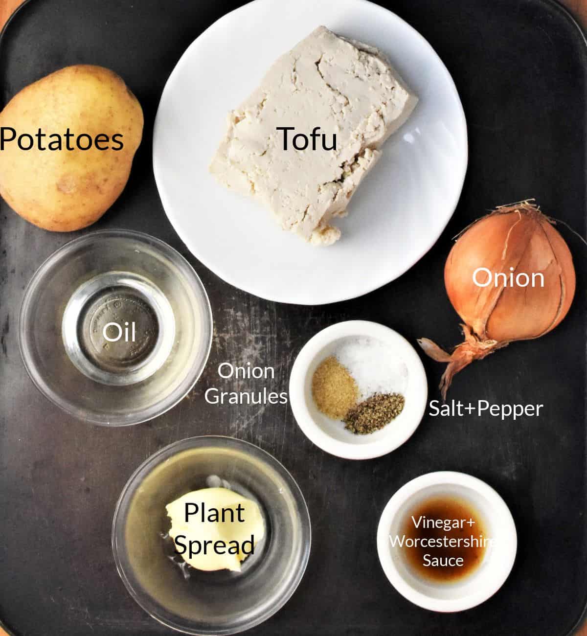 Vegan pierogi filling ingredients in individual dishes.