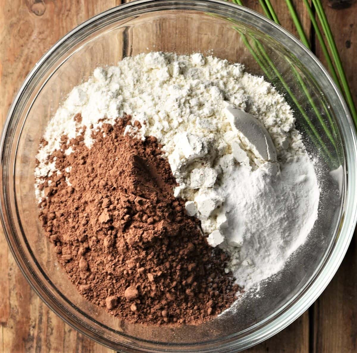 Cocoa powder and flour in mixing bowl.