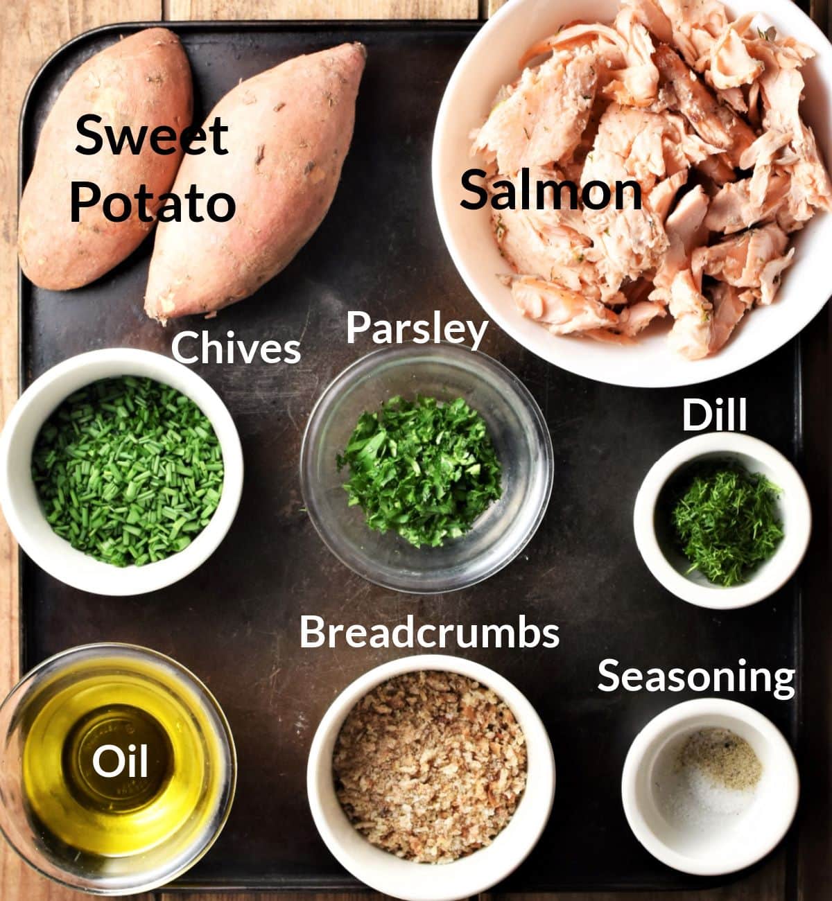 Ingredients for sweet potato salmon fish cakes in individual dishes.