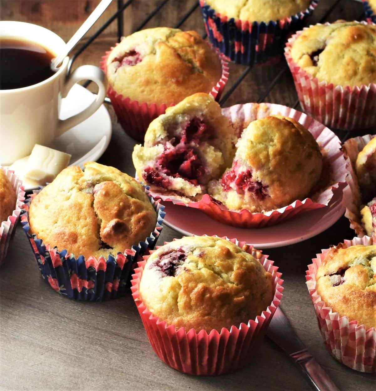 Raspberry muffins in red liners.