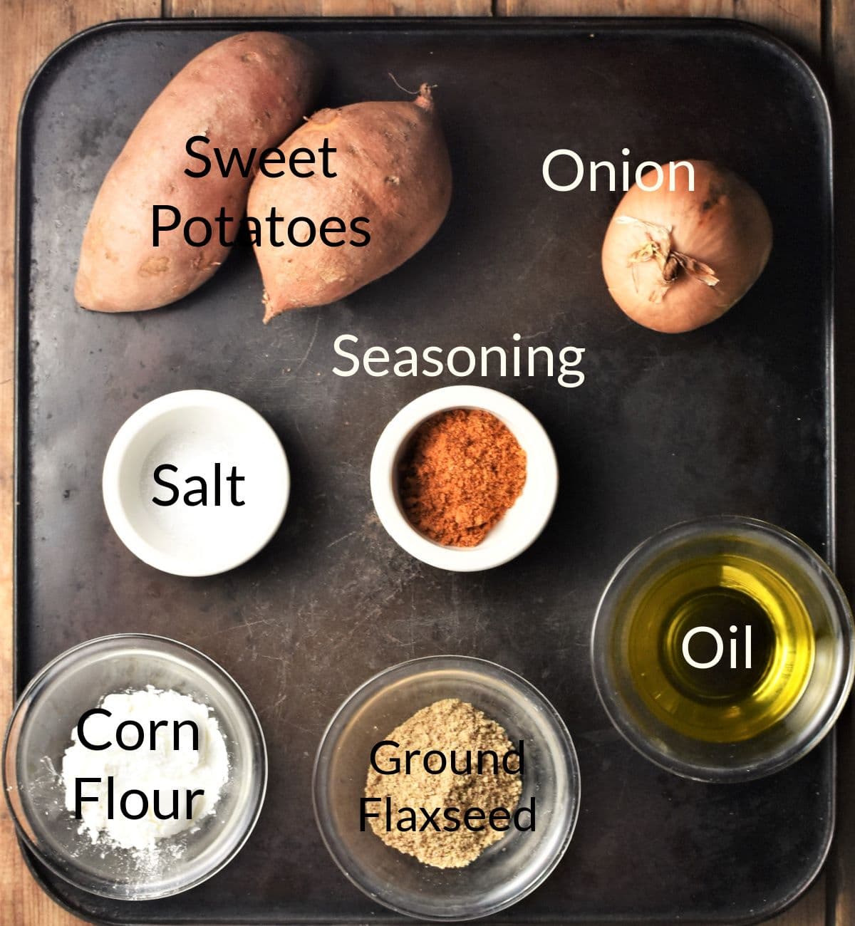 Sweet potato fritters ingredients in individual dishes.