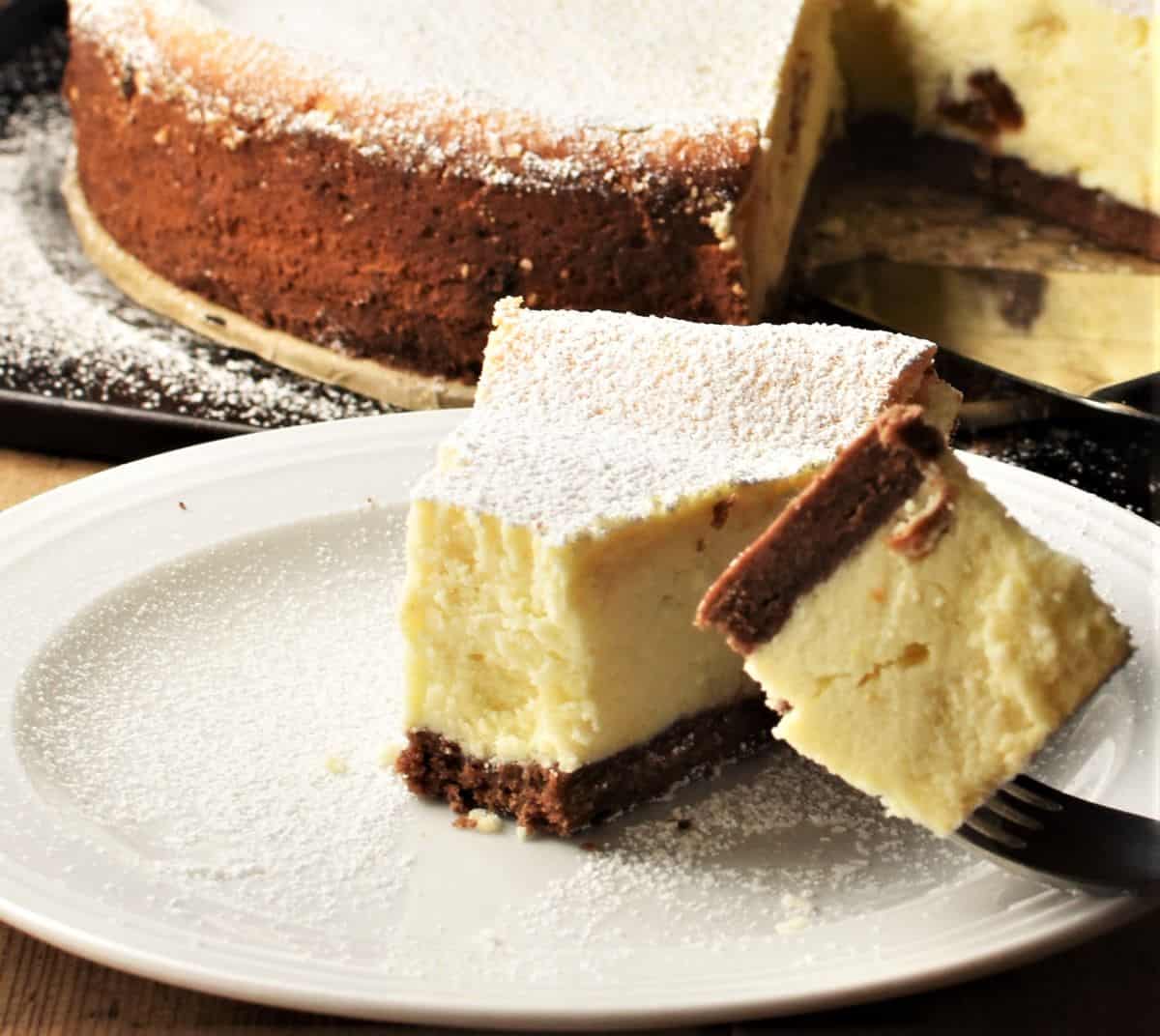 Slice of cheesecake with fork on top of small plate.