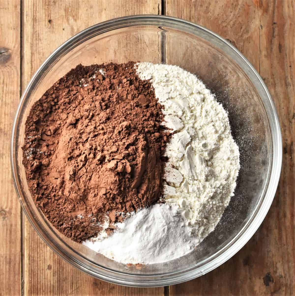 Flour and cocoa powder in mixing bowl.
